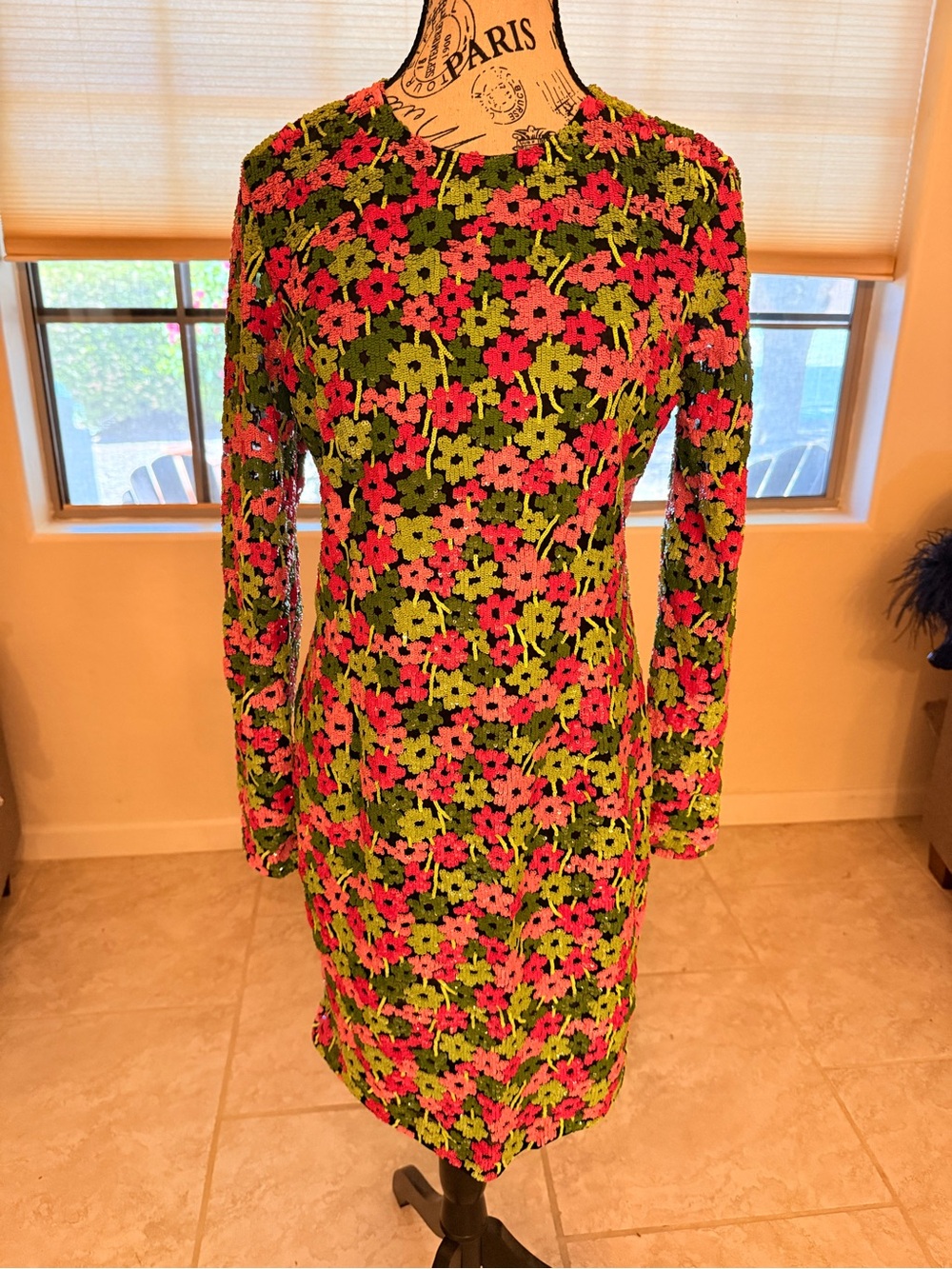 Michael Kors Pink and Green Floral Long-Sleeve Sequin Dress